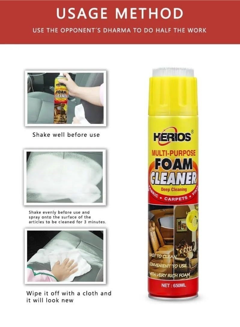 HERIOS Multi-Functional 650ml Foam Cleaner Spray – Lemon Fragrance, Built-In Brush Cap for Easy Scrubbing, Ideal for Cars, Home, Upholstery, Carpets, Curtains, Tiles, Appliances, and Metal Surfaces - Image 4